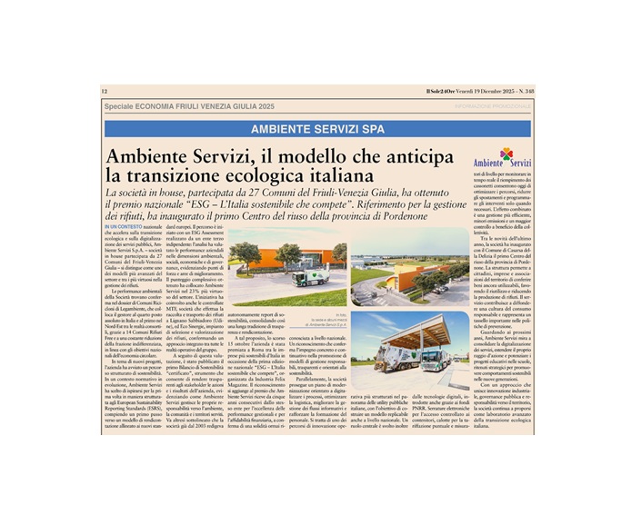 Ambiente Servizi su Il Sole 24 Ore: un modello per la transizione ecologica in Friuli Venezia Giulia
